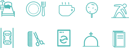 Instalaciones: Habitaciones, Comedor, Cafeteria, Jardines, Gimnasio y Bienestar, Parking, Peluquería, Lavandería y Capilla